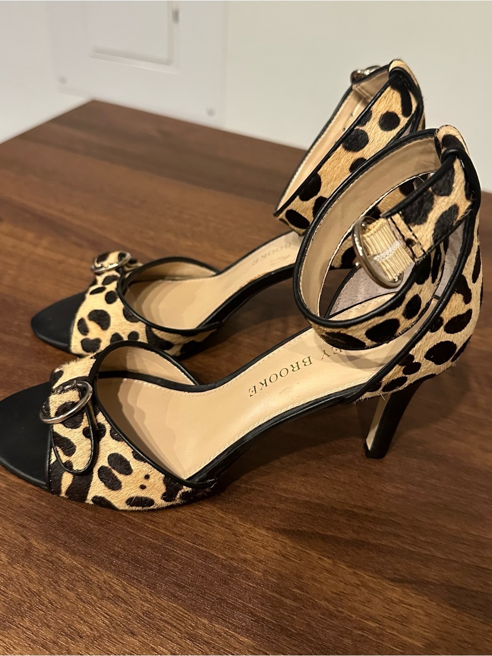 Audrey Brooke Leopard Print Ankle-Strap Heels in Black and Tan - Picture 2 of 2